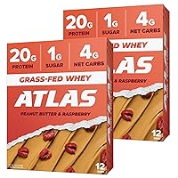 Atlas Protein Bar, 20g Protein, 1g Sugar, Clean Ingredients, Gluten Free (Peanut Butter Raspberry, 12 Count (Pack of 2))