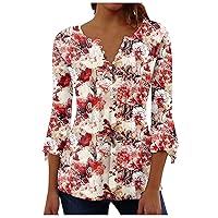 Women's Flowy Hem Fashion Casual T-Shirt Tops V Neck Floral Printed Short Sleeve Shirts Pleats Loose Blouse Tees