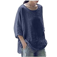 3/4 Sleeve Summer Tops for Women, Casual Cotton and Linen Shirts Solid Crewneck Tshirt 2023 Womens Tunic Top Loose Fit