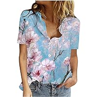 Womens V-Neck Buttons Shirts Summer Casual Short Sleeve Cotton Linen Tees Trendy Floral Printed Elegant Blouse Tops