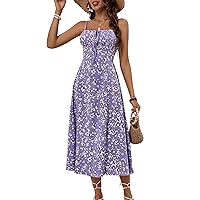BROVAVE Women's 2024 Summer Dress Floral Print Spaghetti Strap Square Neck Tie Front Smocked Midi Dress Beach Sun Dress