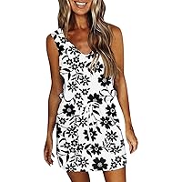 Womens Sundresses Casual Loose Sling V Neck Mini Dress Floral Drawstring Tank Dress with Pockets