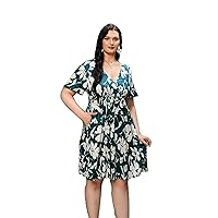 KOJOOIN Plus Size Dress Women's Plus Size Casual Floral Print Dress Short Sleeve V Neck A Line Ruffle Dress