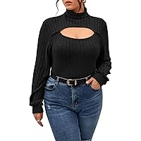 SweatyRocks Women's Plus Size Long Sleeve Cut Out Turtleneck Tee Top Rib Knitted Pullover Plain T Shirt