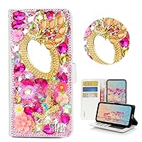 STENES Bling Wallet Phone Case Compatible with Samsung Galaxy S22 Plus Case - Stylish - 3D Handmade Girls Mirror Peacock Pendant Flower Magnetic Wallet Stand Leather Cover Case - Pink