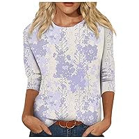 Womens Cotton Tops 3/4 Sleeve Round Neck Fashion Loose Shirt Cute Floral Print Casual Work Tees Blouses