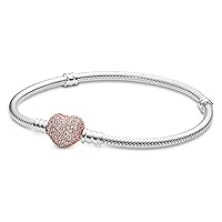 Pandora Jewelry - Moments Pave Heart Clasp Snake Chain Cubic Zirconia Bracelet - Gift for Her - Pandora Rose - 7.9