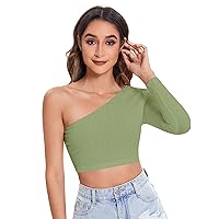 Romwe Women's Basic One Shoulder Long Sleeve Ribbed Knit Slim Fit Crop Top Tee T Shirt
