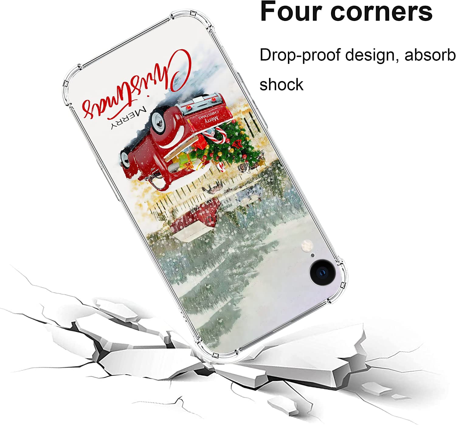 KOAIWPAE Christmas Case for iPhone XR, Christmas Tree Red Truck Pattern Clear Phone Case for Women Teens Girls, Four Corner Shockproof Fit Protective Case Designed for iPhone XR 6.1