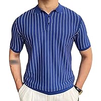 Mens Texture Polo Lapel Shirts Stretch Pullover Stripe Knit Golf Shirt Tops Casual Elasticity Short Sleeve Workout Tee