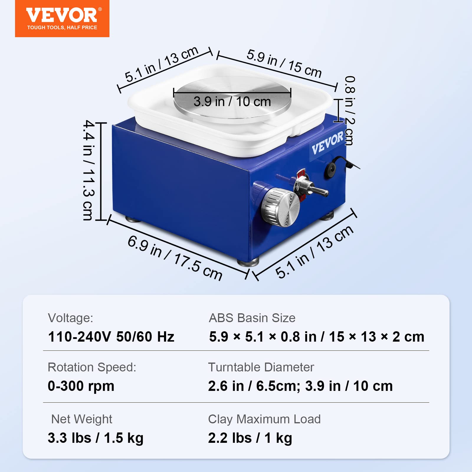 VEVOR 2 Turntables 2.6in / 3.9in Ceramic Wheel Forming Machine Adjustable 0-300RPM Speed ABS Detachable Basin, Sculpting Tools Apron Accessory Kit for Work Art Craft DIY, Blue