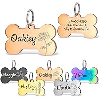 Anavia Floral Pet ID Tags, Birth Month Flowers Theme Dog Tag Round Bone Shape Cat Name Tag, Glossy Stainless Steel Gold Plated Dog Collar Tag (Bone Shape - Rose Gold, Large)