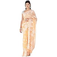Salmon-Buff Lukhnavi Chikan Sari with Floral Hand-Embroidery All-over - Georgette