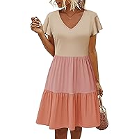 HOTOUCH Women's Casual Tiered Dress with Pockets V Neck Ruffle Dress Cap Sleeve Swing Mini Dress A-Line Dresses
