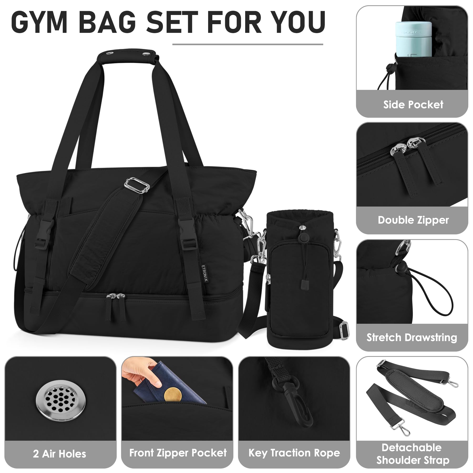 ETRONIK Gym Bag for Women, Tote Bag, Travel Duffle Bag with Water Bottle Bag, 40L Yoga Mat Bag with Shoe Compartment & Wet Pocket,Travel Bag for Work, Hospital, Travel, Study, Pilates and Gym, Black
