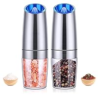 Gravity Electric Salt and Pepper Grinder Set, Automatic Shakers Mill Grinder with Adjustable Coarseness, Battery Powered with LED Light, Automatic One Hand Operation, 2 Packs, Silver