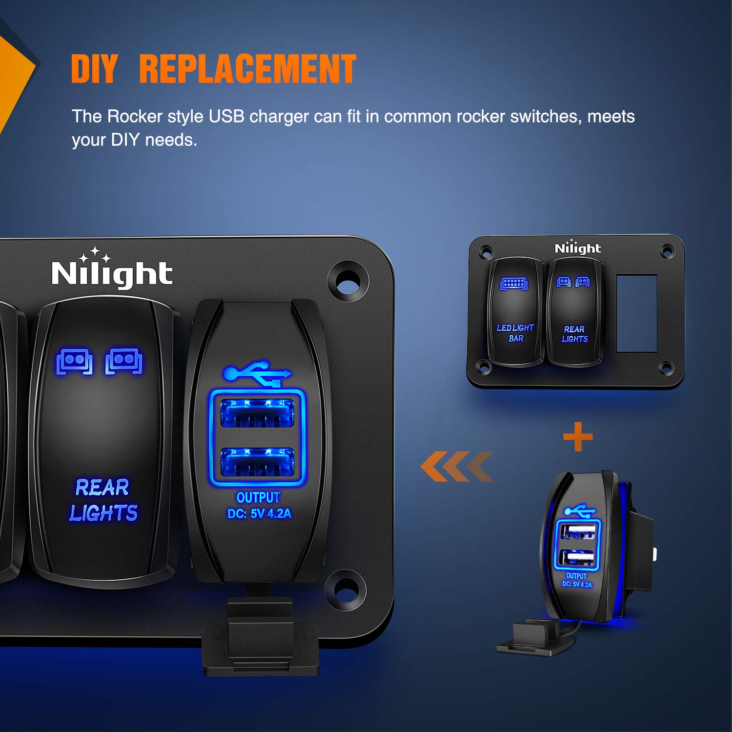 Nilight Dual USB Charger 4.2A Rocker Switch Style USB Charger 12V/24V Fast Charge Socket Waterproof Quick Charger for Cars Boats Trucks RVs, 2 Years Warranty, Blue