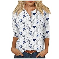 Womens Tops 3/4 Sleeve Shirts Crew Neck Loose Casual Blouses