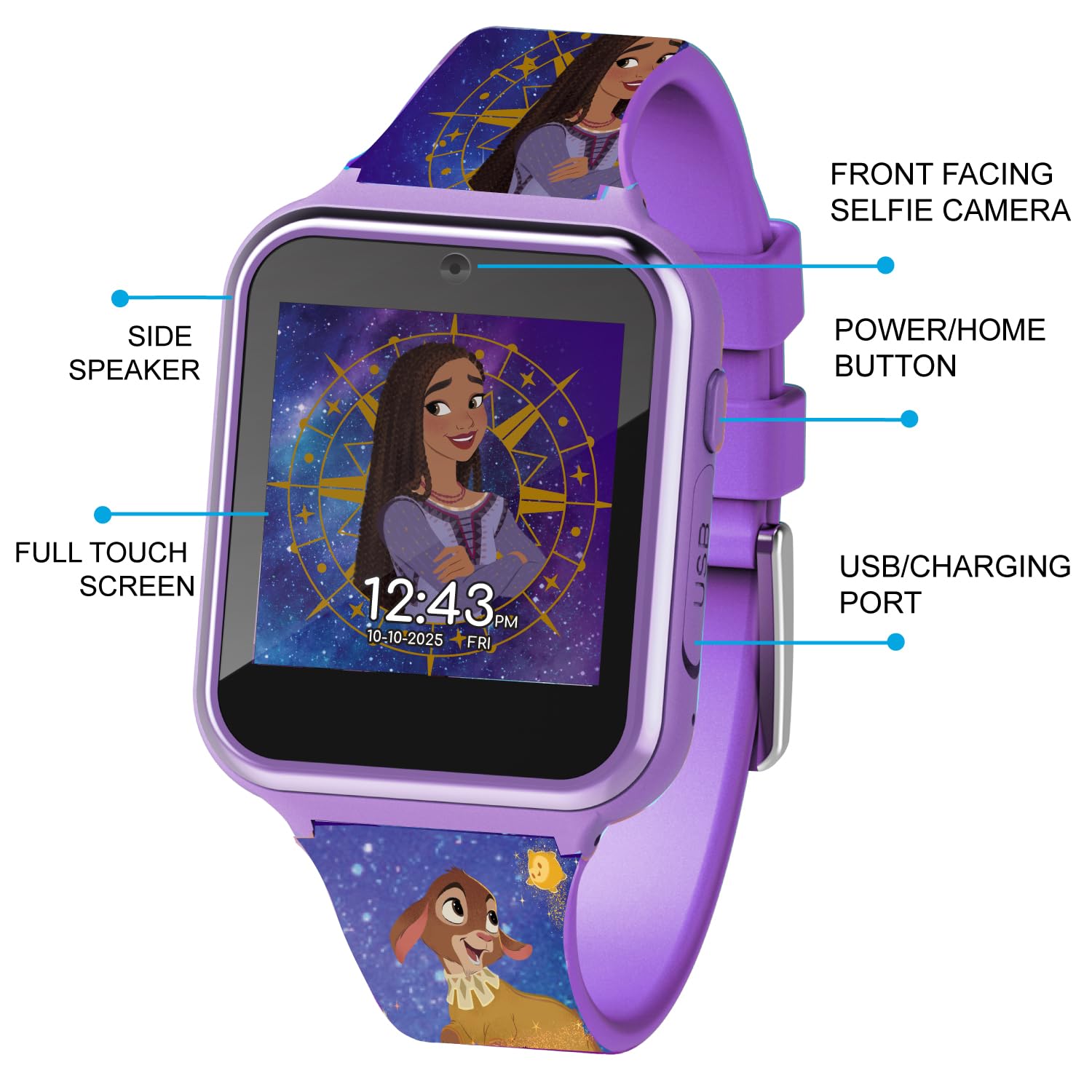 Accutime Disney Wish Purple Asha and Dahlia Educational Learning Touchscreen Smart Watch Toy for Girls, Boys, Toddlers - Selfie Cam, Learning Games, Calculator & More (Model: WSH4015AZ), 40mm