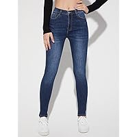 Women's Tops Sexy Tops for Women Shirts Slant Pocket Skinny Jeans Shirts (Color : Dark Wash, Size : Large)