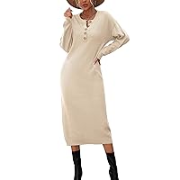 Flygo Midi Sweater Dress for Women Oversized Button V Neck Waffle Knit Dresses Fall Maxi Dress