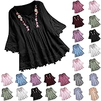 Women's Linen Loose Fit Tshirt Tops Vintage Lace Tie V-Neck Embroidered Tunics Comfy Relaxed Ladies 3/4 Sleeve Blouse