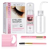 Eyelash Extension Shampoo 50 ml+Rinse Bottle+Brushes+Hydrogel Eye Patch - Eyelid Foaming Cleanser,Paraben & Sulfate Free,Natural Lashes Makeup & Mascara Remover For Salon and Home Use