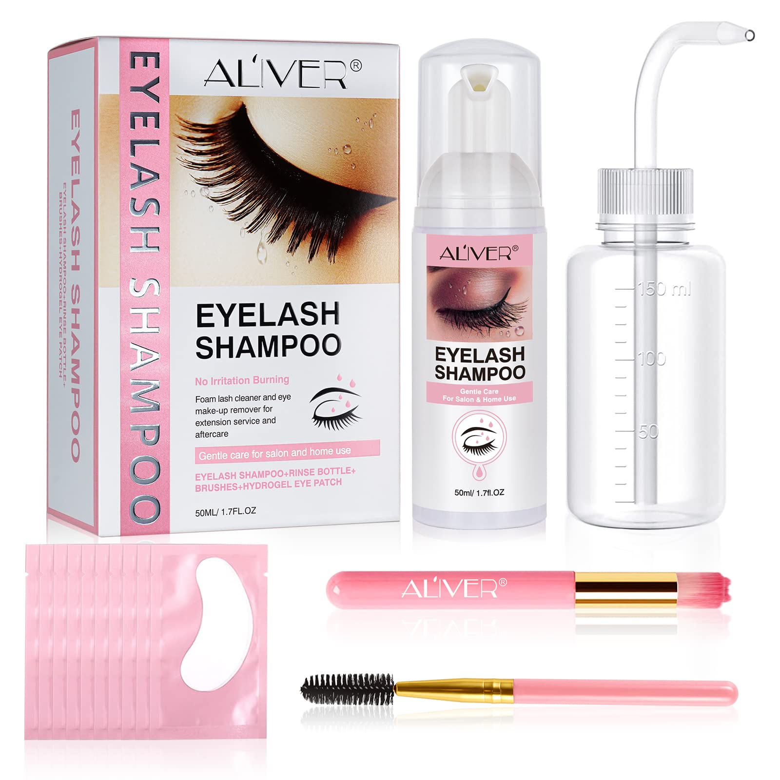 RTEWXLP Eyelash Extension Shampoo 50 ml+Rinse Bottle+Brushes+Hydrogel Eye Patch - Eyelid Foaming Cleanser,Paraben & Sulfate Free,Natural Lashes Makeup & Mascara Remover For Salon and Home Use