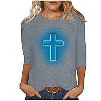 Happy Easter Day Women Shirt 3/4 Sleeve Novelty Graphic Print Blouse Tee Tops Casual Loose Fit Crew Neck Tunic Shirts