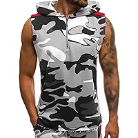 Men's Dry Fit Camouflage Sleeveless Hoodie Bodybuilding Muscle Cut Off T Shirt Camo Print Slim Fit Zipper Tank Top