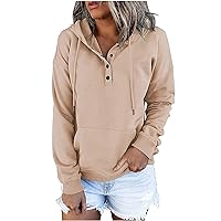 Women V Neck Button Hoodies 2023 Hooded Sweatshirt Cute Fleece Pullover Tops Fashion Plain Athletic Sweater Shirts