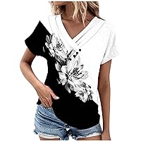 Women Tops and Blouses Short Sleeve Loose Fited Floral Print Summer Plus Size Top V Neck Grandma Shirts Tunic Blouses