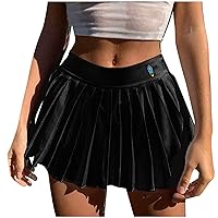 Drawstring Cotton Knit Pull-On Skort Skirt Pleated Striped Skater Skirt Women's Faux Leather Skirt