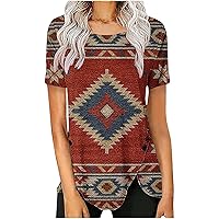 Western Shirts for Women Vintage Aztec Print Tunic Tops Casual Short Sleeve Crewneck Blouses Button Side Irregular Hem Tees