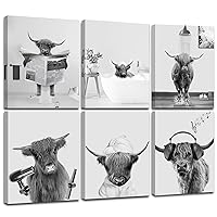 WALTSOM FRAMED Funny Highland Cow Wall Art in Bathroom, Black and White Highland Cow Pictures Bathroom Decor, 8X10in, Framed)