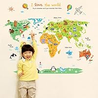 Cartoon Animals World Map Removable Wall Sticker Decal, Children Kids Baby Home Room Nursery DIY Decorative Adhesive Art Wall Mural