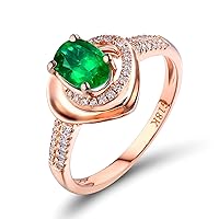 KnSam Rings for Women 18K Rose Gold Heart 4 Claws Oval Cut Green Emerald 0.45ct and 0.16ct Diamond Rose Gold