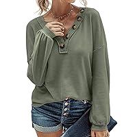 Women Waffle Knit Shirts V-Neck Long Sleeve Casual Slouchy Loose Blouses Plain Faux Button Lightweight Pullover