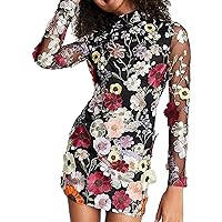 Women's 3D Floral Embroidery Dress Sheer Mesh Long Sleeve Round Neck Lace Bodycon Party Cocktail Short Dress (Color : Black, Size : Large)