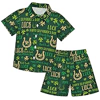 visesunny Toddler Boys 2 Piece Outfit Button Down Shirt and Short Sets Good Luck Gold Green Clover Boy Summer Outfits