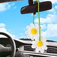 Cute Daisy Crochet Decor for Car Mirror Hanging Accessories, Handmade Knitted Daisy Rear View Mirror Accessories Daisy Car Decorations for Women Girls Automotive Interior Aesthetic(White)