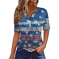 Women's T-Shirts Dressy Button Down Tunic Y2K Henley Tops Short Sleeve American Flag Print Blouses Vneck Summer Tee