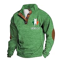 St Patricks Day Sweatshirt Men Retro Shamrock Clover Irish Stand Collar Long Sleeve Shirt Button Classic Fit Pullover Sweater