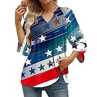 Women's Shirts Casual Summer, 3/4 Sleeve T Shirt V Neck Pullover Top 4Th of July Tops, S XXXL
