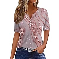 Button Down Shirts for Women Casual Print V-Neck Short Sleeve Decorative T-Shirt Top