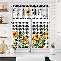 Sunflower Kitchen Curtains Short and Valance Set Black and White Buffalo Plaid Floral Dining Room Fabric Curtain Drapes Spring Summer Flowers Holiday Cafe Curtains Valance for Home Decor