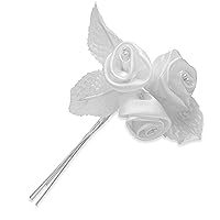 Expo International Vintage Satin Rose Buds with Leaves Stem (Pack of 3) Tulle, White