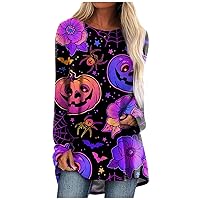 XHRBSI T Shirts for Womens Women's Casual Fashion Halloween Print Long Sleeve Medium Length Top Blouse
