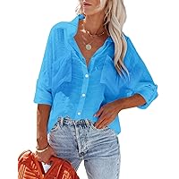 Womens Button Down Shirts Cotton Roll-up Long Sleeve Blouses Top with Pockets V Neck Casual Solid Tunics