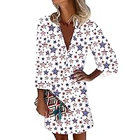 Womens 4th of July American Flag Dresses Fashion Casual V Neck 3/4 Sleeve Button Sundress